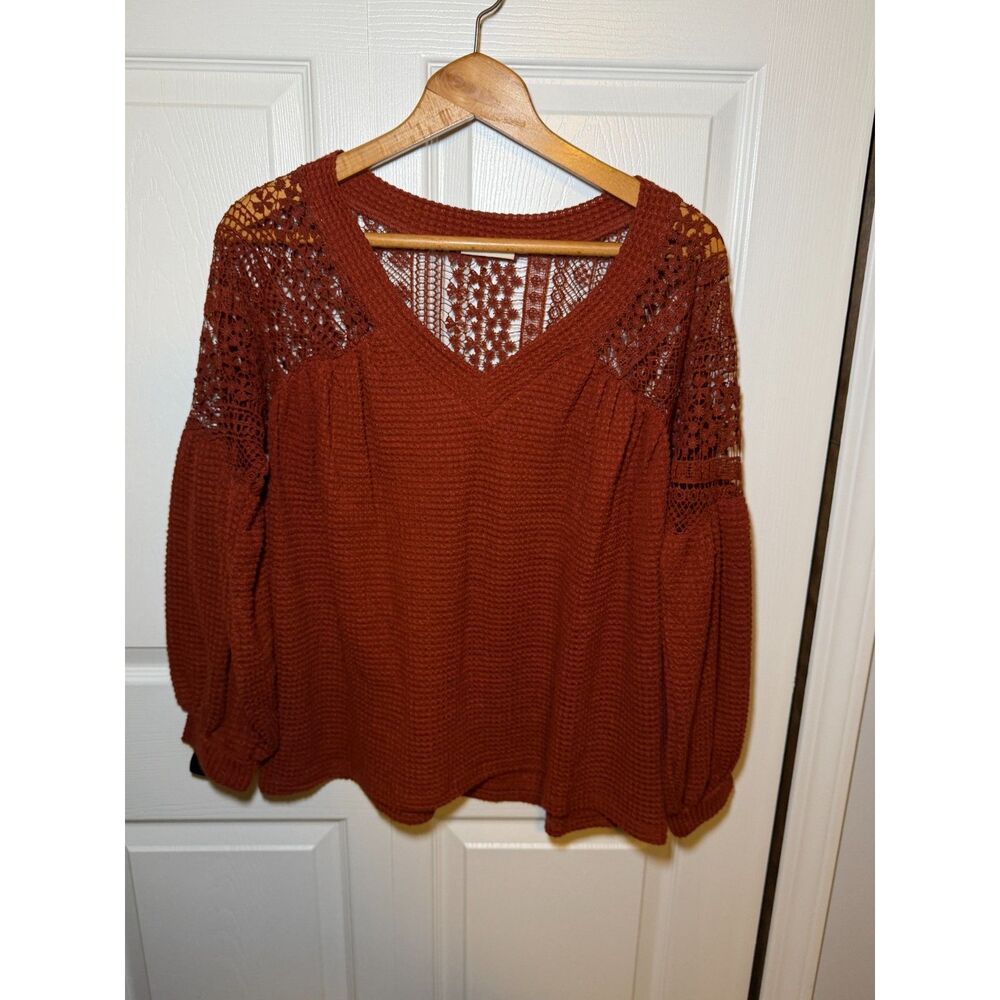 And The Why Rust Crochet Lace Knit Sweater Women's Size S Boho Top